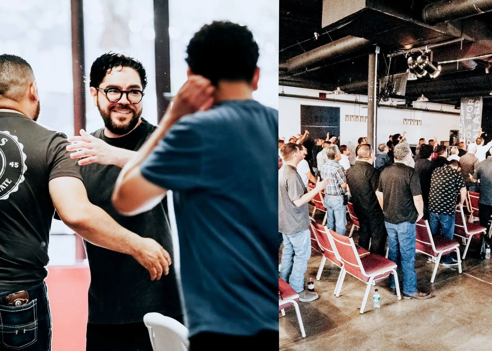 Two men greeting each other warmly at Nuevo Pacto Church